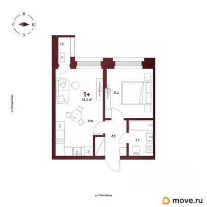 1-комн. квартира, 38.3 м&sup2;