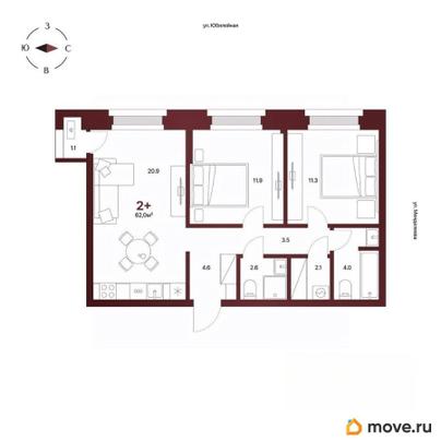 2-комн. квартира, 62 м&sup2;