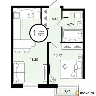 1-комн. квартира, 39.21 м&sup2;