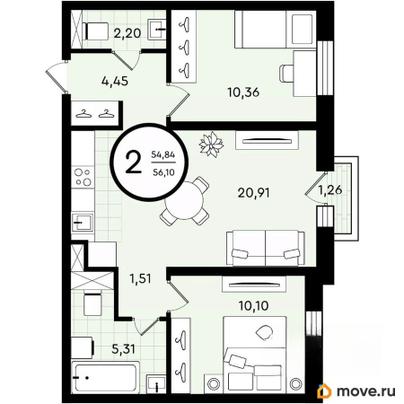 2-комн. квартира, 56.1 м&sup2;