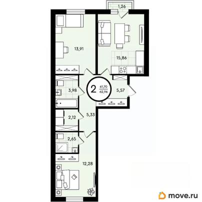 2-комн. квартира, 62.96 м&sup2;