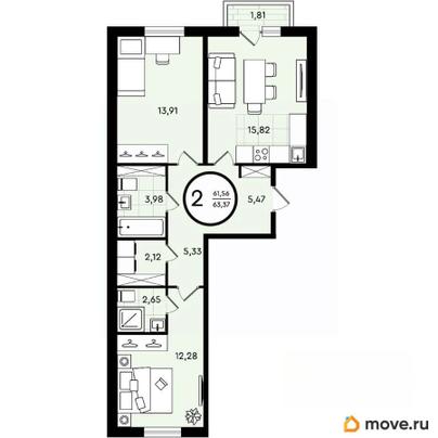 2-комн. квартира, 63.37 м&sup2;