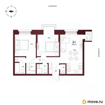 2-комн. квартира, 63.4 м&sup2;