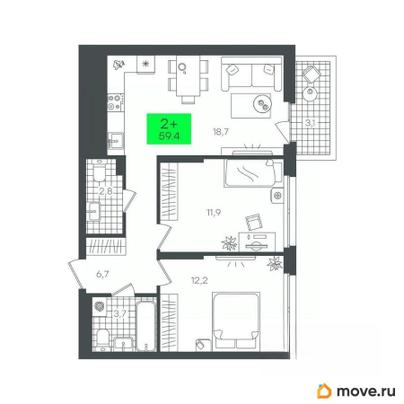 2-комн. квартира, 59.4 м&sup2;