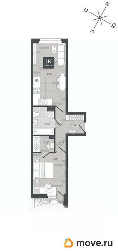 1-комн. квартира, 48.9 м&sup2;