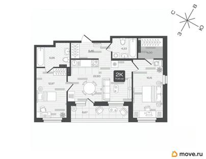 2-комн. квартира, 77.35 м&sup2;