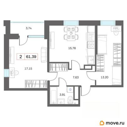 2-комн. квартира, 65.13 м&sup2;