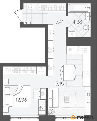 1-комн. квартира, 41.3 м&sup2;