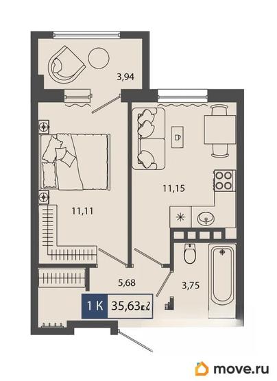 1-комн. квартира, 35.63 м&sup2;