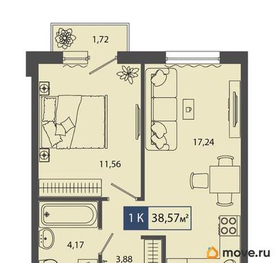 1-комн. квартира, 38.57 м&sup2;