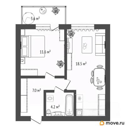 1-комн. квартира, 42.5 м&sup2;