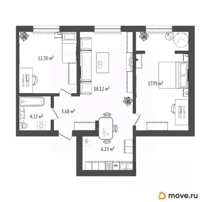 2-комн. квартира, 64.5 м&sup2;
