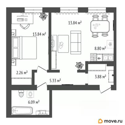 2-комн. квартира, 54.04 м&sup2;