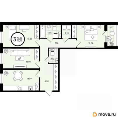 3-комн. квартира, 79.12 м&sup2;