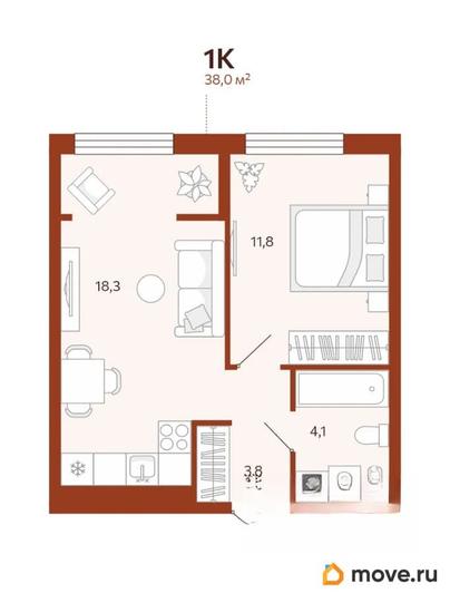 1-комн. квартира, 38.02 м&sup2;