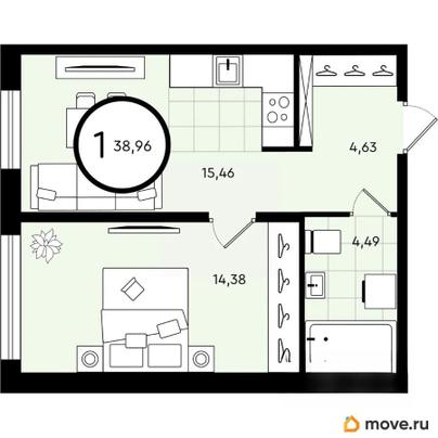 1-комн. квартира, 38.96 м&sup2;
