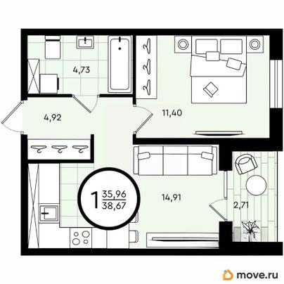 1-комн. квартира, 38.67 м&sup2;