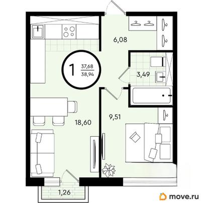 1-комн. квартира, 38.94 м&sup2;