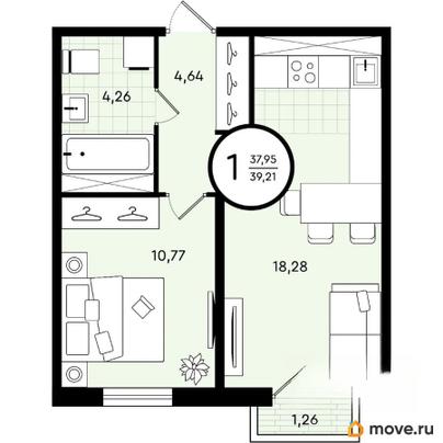 1-комн. квартира, 39.21 м&sup2;