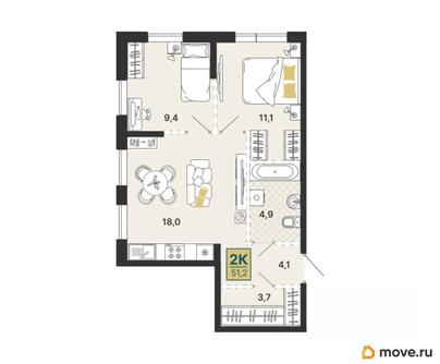 2-комн. квартира, 51.2 м&sup2;