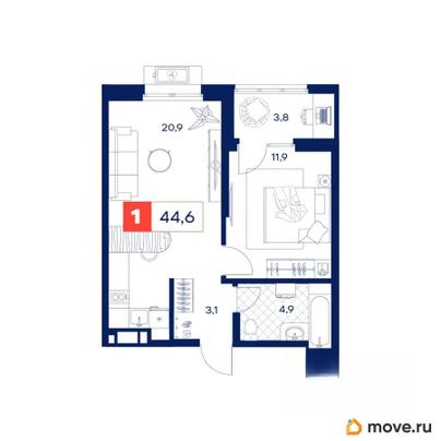 1-комн. квартира, 44.6 м&sup2;