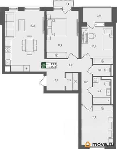 3-комн. квартира, 84.2 м&sup2;