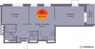 2-комн. квартира, 62.4 м&sup2;