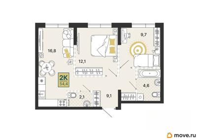 2-комн. квартира, 54.8 м&sup2;