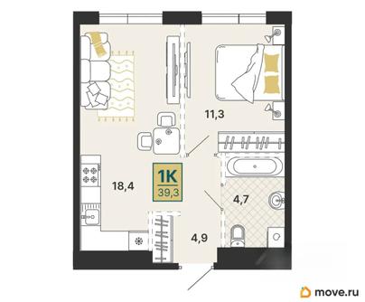 1-комн. квартира, 39.3 м&sup2;