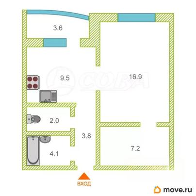 1-комн. квартира, 43.3 м&sup2;