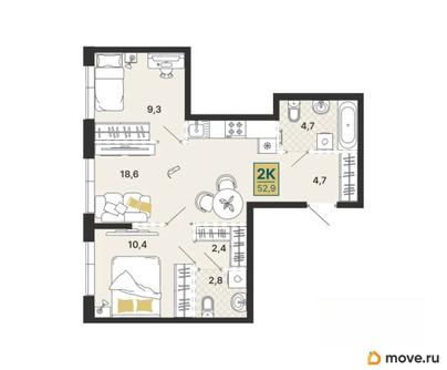 2-комн. квартира, 52.9 м&sup2;