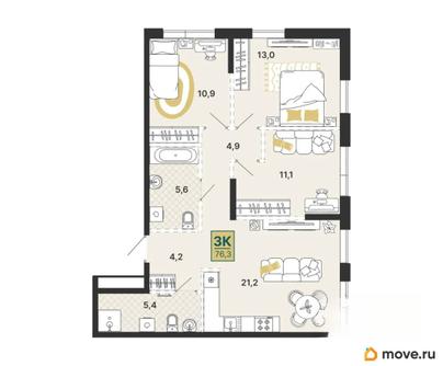 3-комн. квартира, 76.3 м&sup2;
