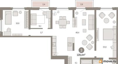 3-комн. квартира, 129.44 м&sup2;