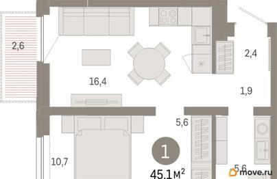 1-комн. квартира, 45.13 м&sup2;