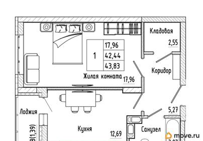 1-комн. квартира, 43.83 м&sup2;