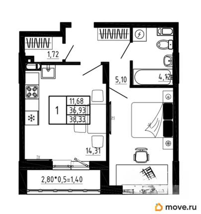 1-комн. квартира, 38.33 м&sup2;