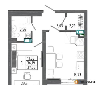 1-комн. квартира, 37.55 м&sup2;