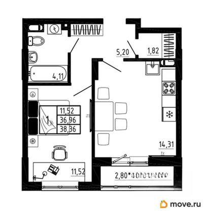1-комн. квартира, 38.36 м&sup2;