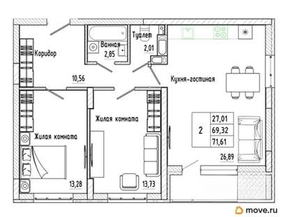 2-комн. квартира, 71.6 м&sup2;