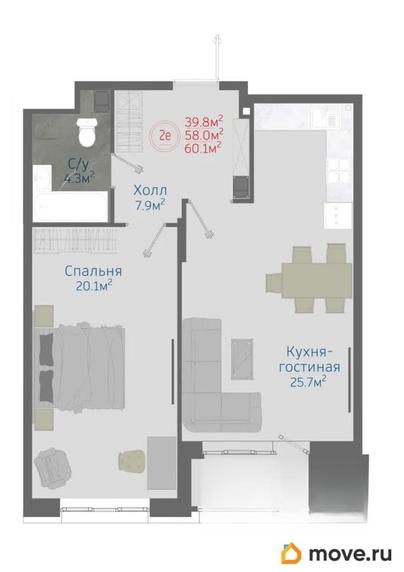 2-комн. квартира, 60.1 м&sup2;