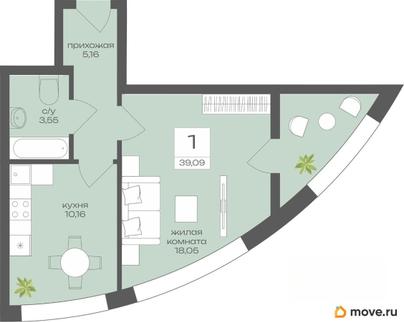 1-комн. квартира, 39.09 м&sup2;