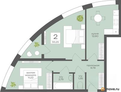 2-комн. квартира, 55.25 м&sup2;