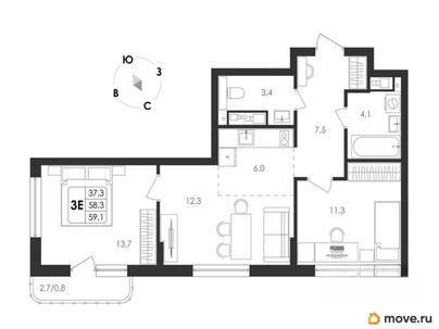 3-комн. квартира, 59.1 м&sup2;