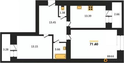 2-комн. апартаменты, 71.4 м&sup2;