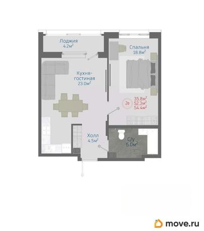 2-комн. квартира, 54.4 м&sup2;