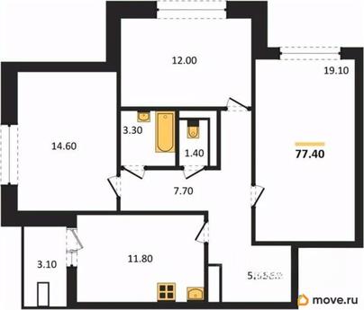 3-комн. квартира, 77.4 м&sup2;