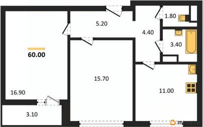 2-комн. квартира, 60 м&sup2;