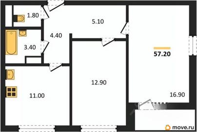 2-комн. квартира, 57.2 м&sup2;