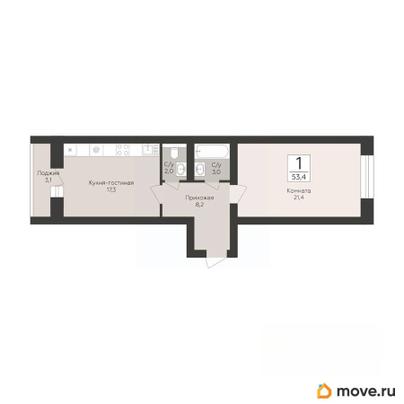 1-комн. квартира, 53.4 м&sup2;