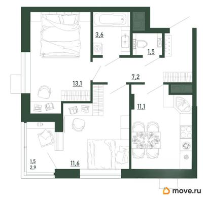 2-комн. квартира, 49.5 м&sup2;